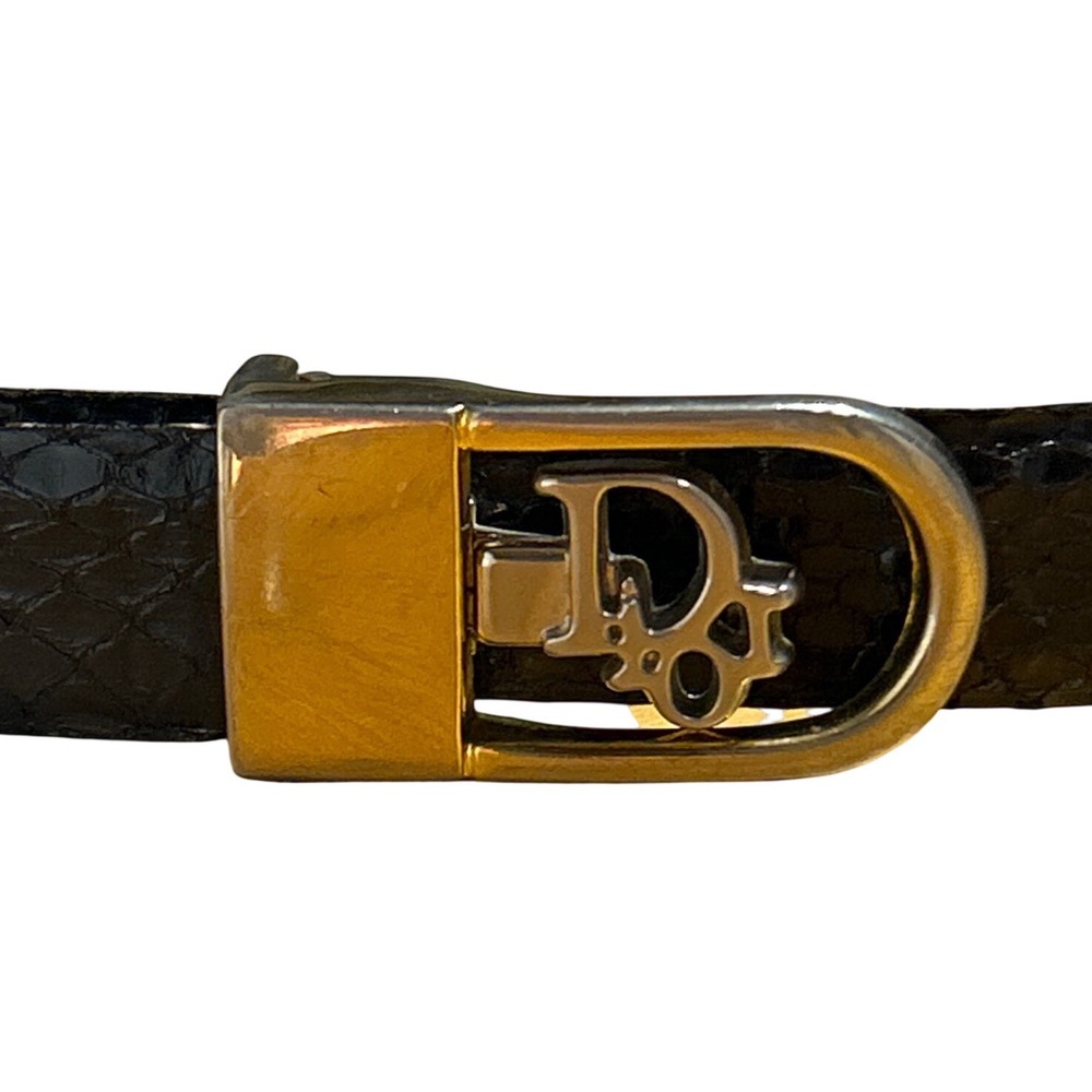 VTG Christian Dior Black Snakeskin Leather Stirrup Buckle Skinny Belt 26"-30"